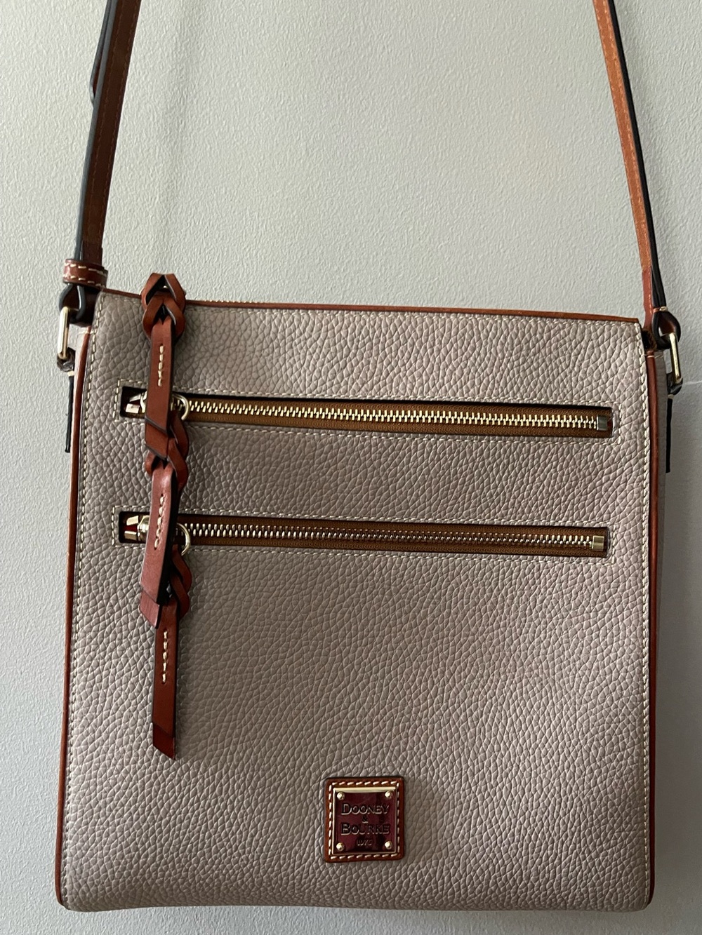 Dooney & Bourke Pebbled Crossbody Bag in Taupe with Brown Trim